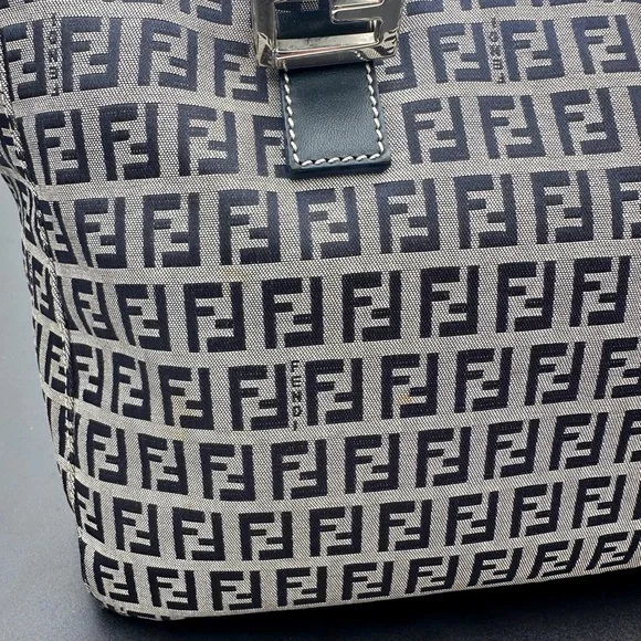 FENDI Vintage Zucchino  Navy Leather & Grey Canvas Tote Bag - Picture 3 of 17